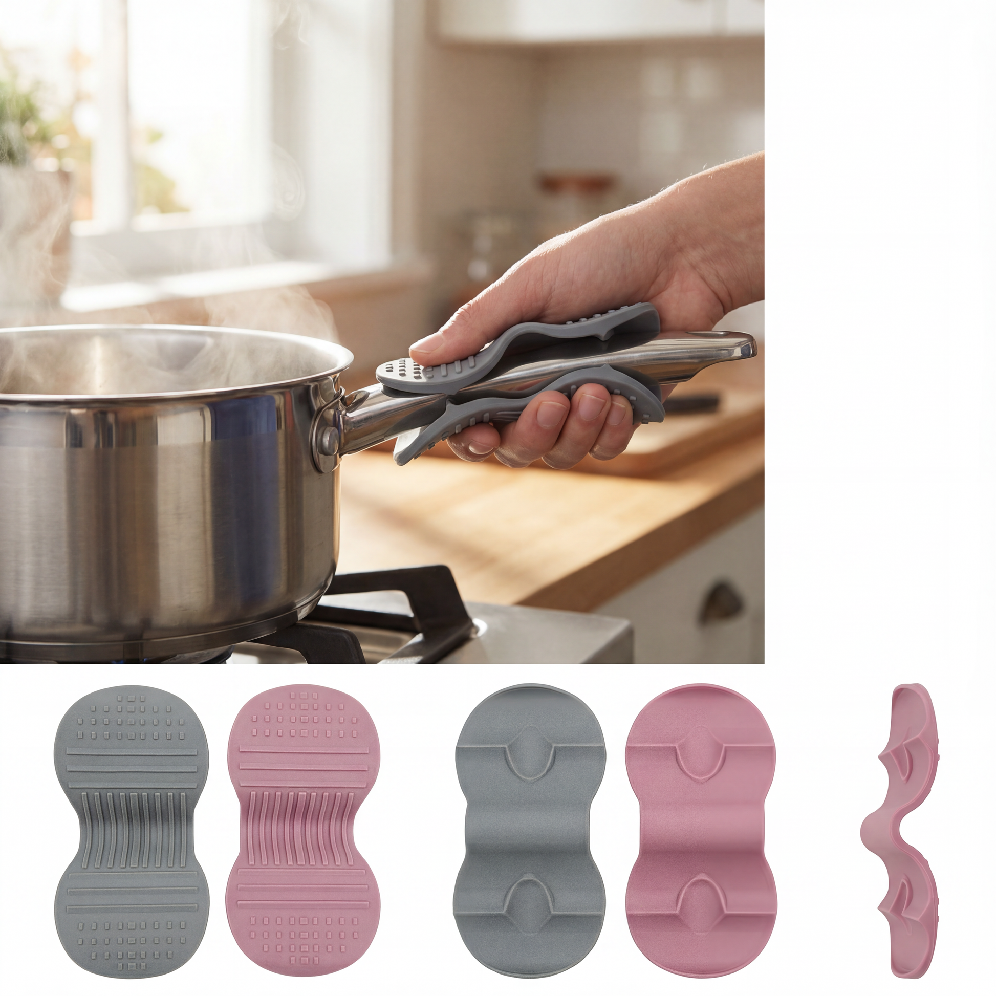 Silicone Pot Holder Grip — Heat-Resistant Pinch Grip, Set of 2 (Grey or Pink)