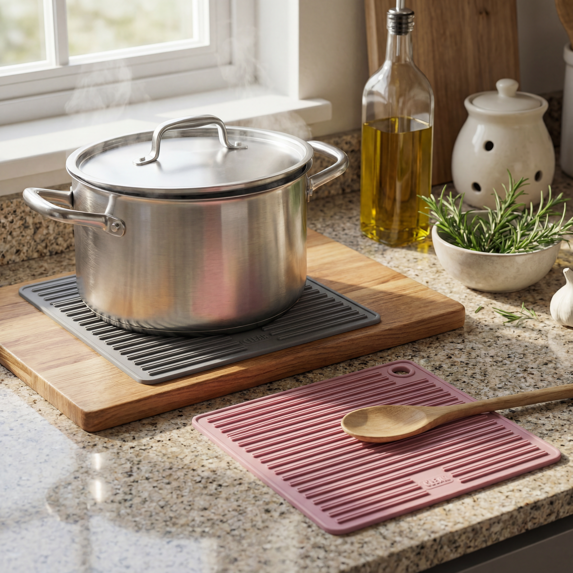 Silicone Pot Mat — Square Heat-Resistant Trivet, 6.5" (Grey or Pink)