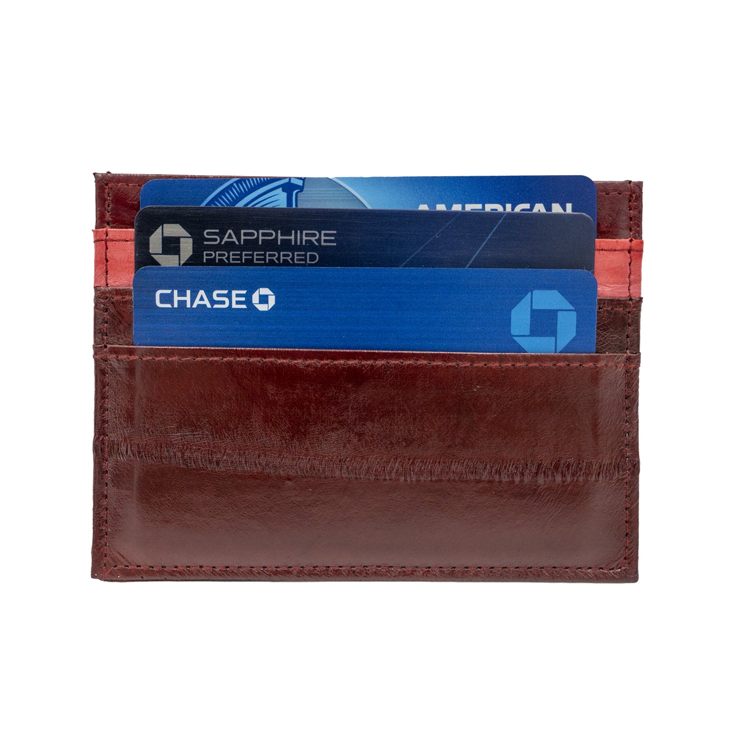 KEY&CO Genuine Eel Skin Slim Card Holder – Burgundy with Grey/Red Trim