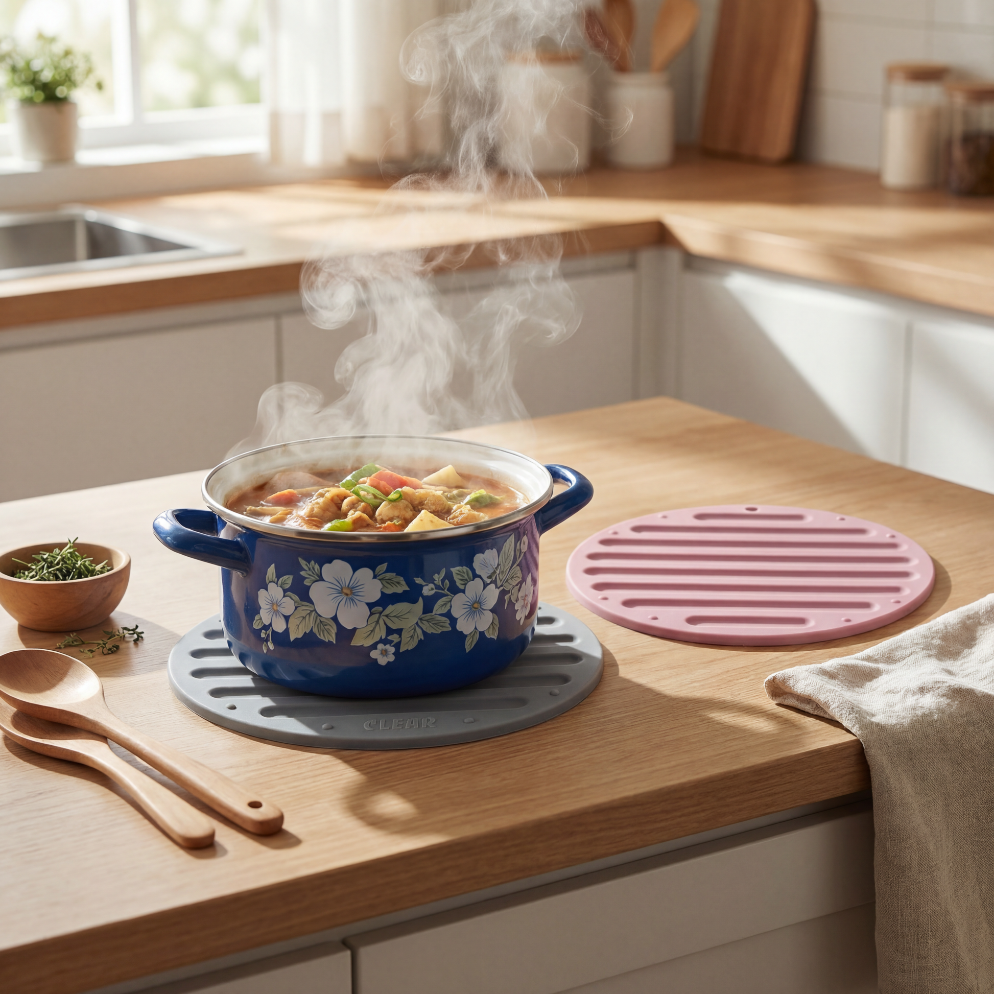 Silicone Pot Mat — Round Heat-Resistant Trivet, 6" (Grey or Pink)