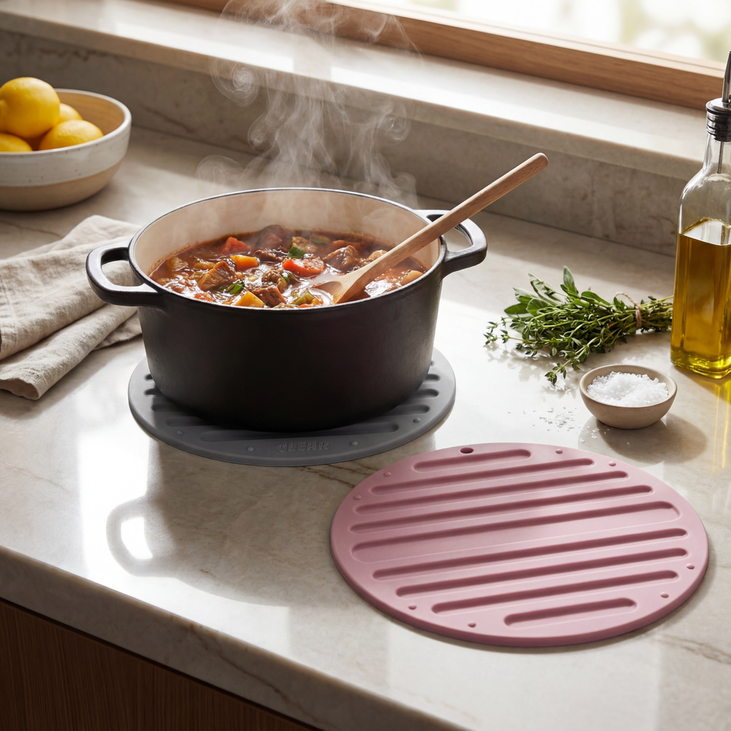 Silicone Pot Mat — Round Heat-Resistant Trivet, 6" (Grey or Pink)
